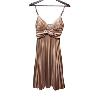 Grace USA Metallic Gold Pleated Rhinestone Strap Cocktail Party Y2K Dress Small